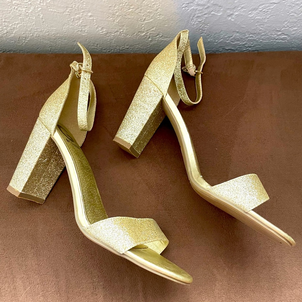 G by Guess Gold sparkle wedge heel.